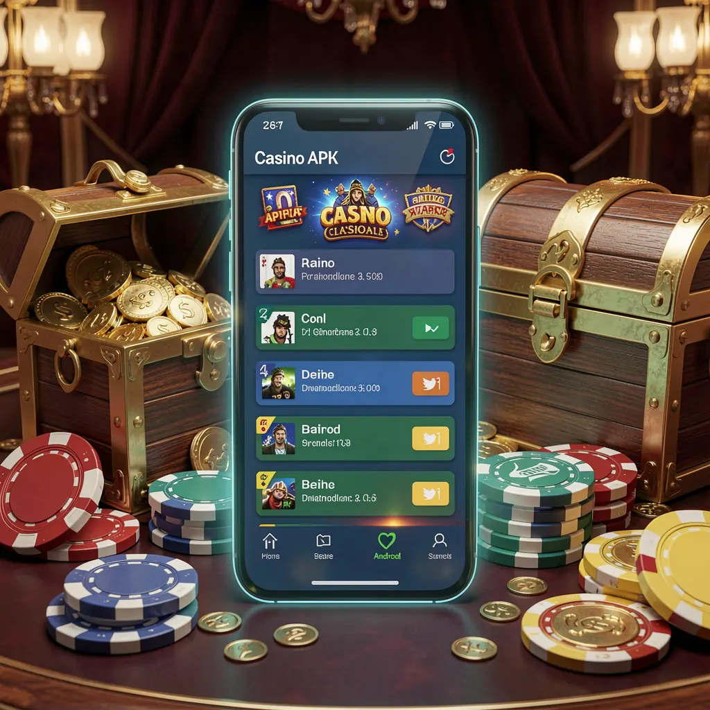 Glowing smartphone displaying GGGGPH Casino APK app layout with treasure chest, chips, and coins in a luxury 3D render