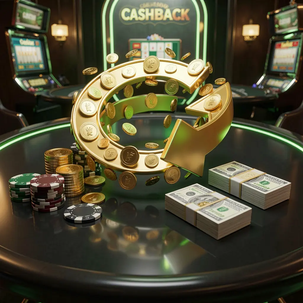 GGGGPH casino cashback bonus visual featuring golden coins returning in a circular arrow motion with poker chips and cash bundles on a glossy dark table illuminated by glowing green and gold accents in a premium online casino style