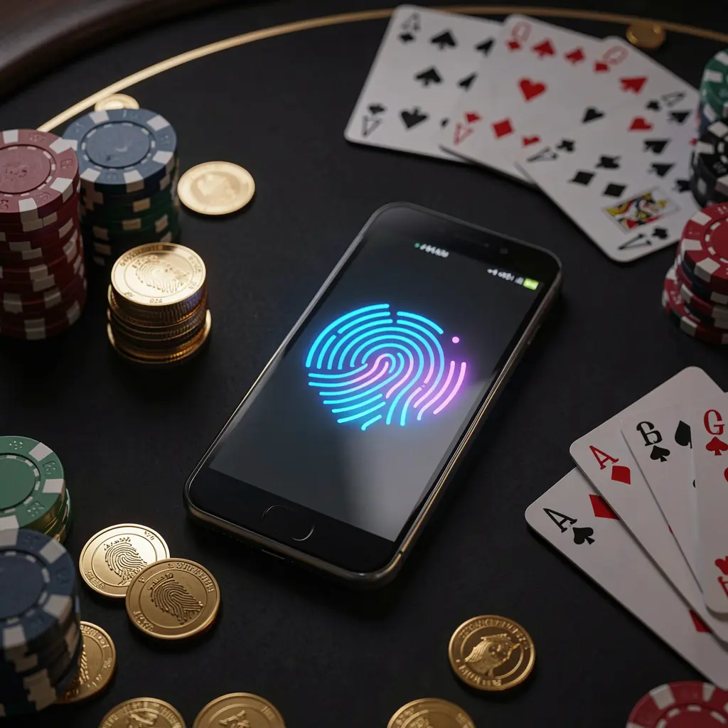 GGGGPH online casino authentication concept showing a phone with glowing fingerprint scan on a premium black table surrounded by poker chips, golden coins, and playing cards in a cinematic 3D render