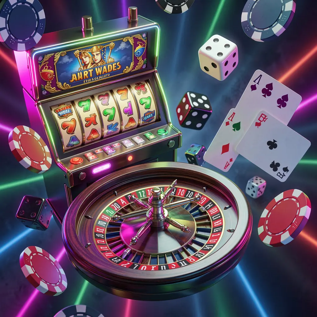 GGGGPH casino games collection homepage visual featuring a slot machine, roulette wheel, dice, playing cards, and poker chips floating together with colorful neon lights in a premium 3D render